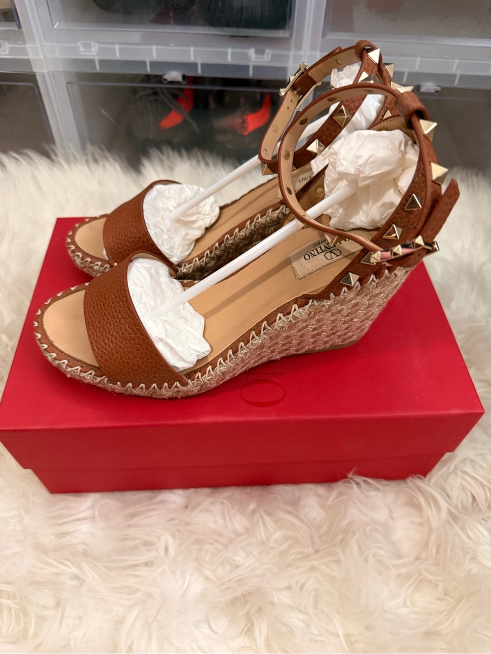 Valentino Brown Leather Rockstud Espadrille Wedge Sandals